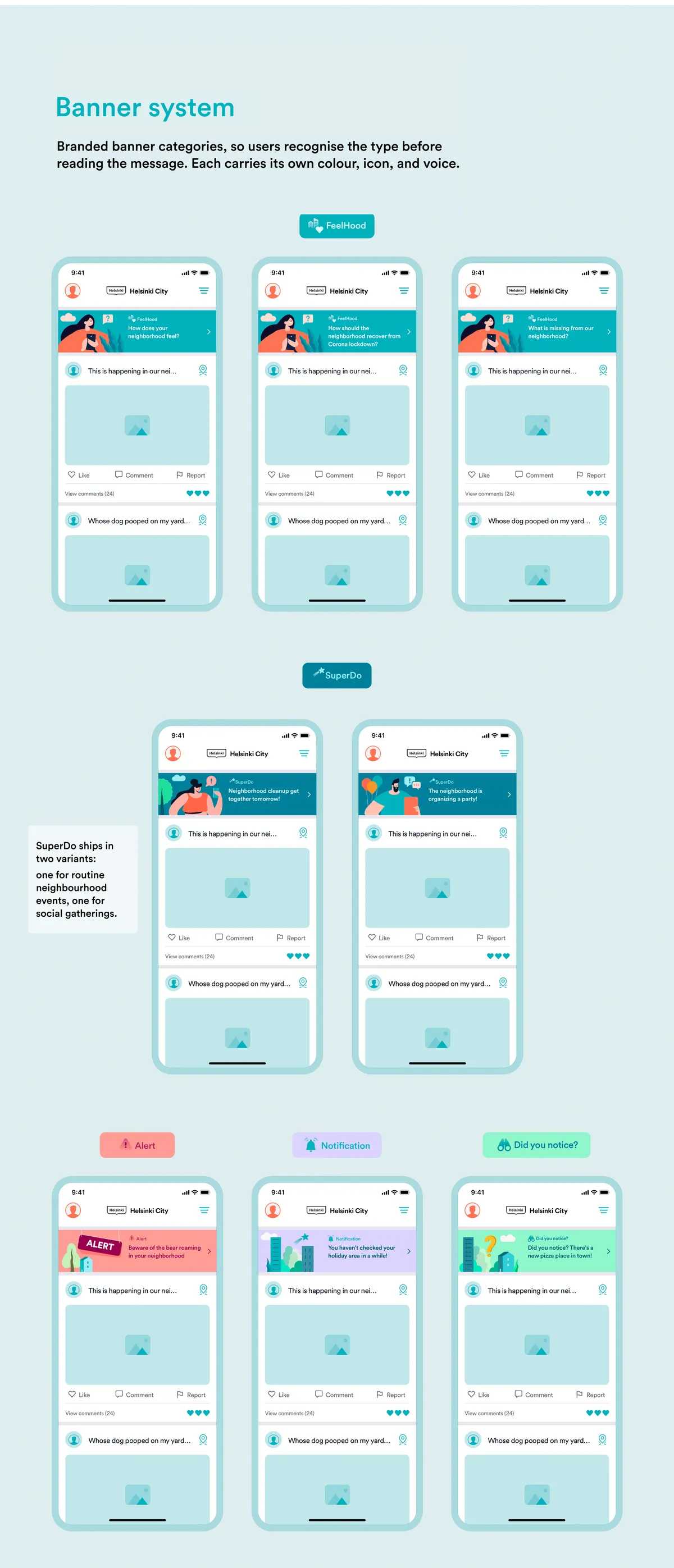 Superhood banner system: five branded banner categories, each with its own colour, icon and voice.