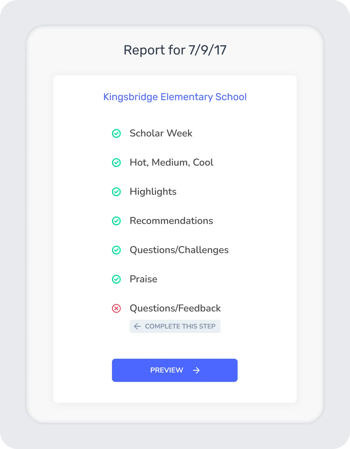 Possip weekly report: seven named sections with completion status, one marked incomplete.