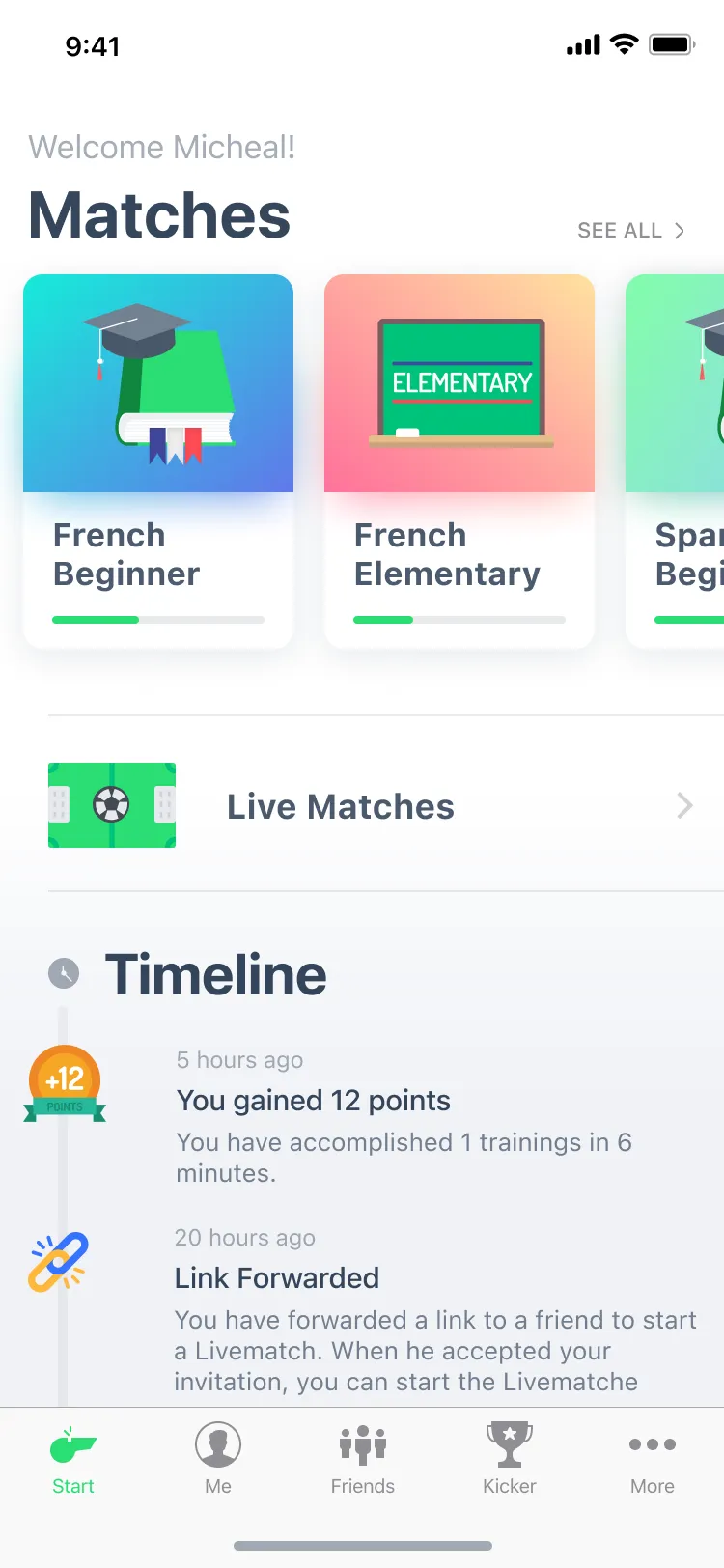 LearnMatch home: course cards, live matches and a timeline showing points just earned.