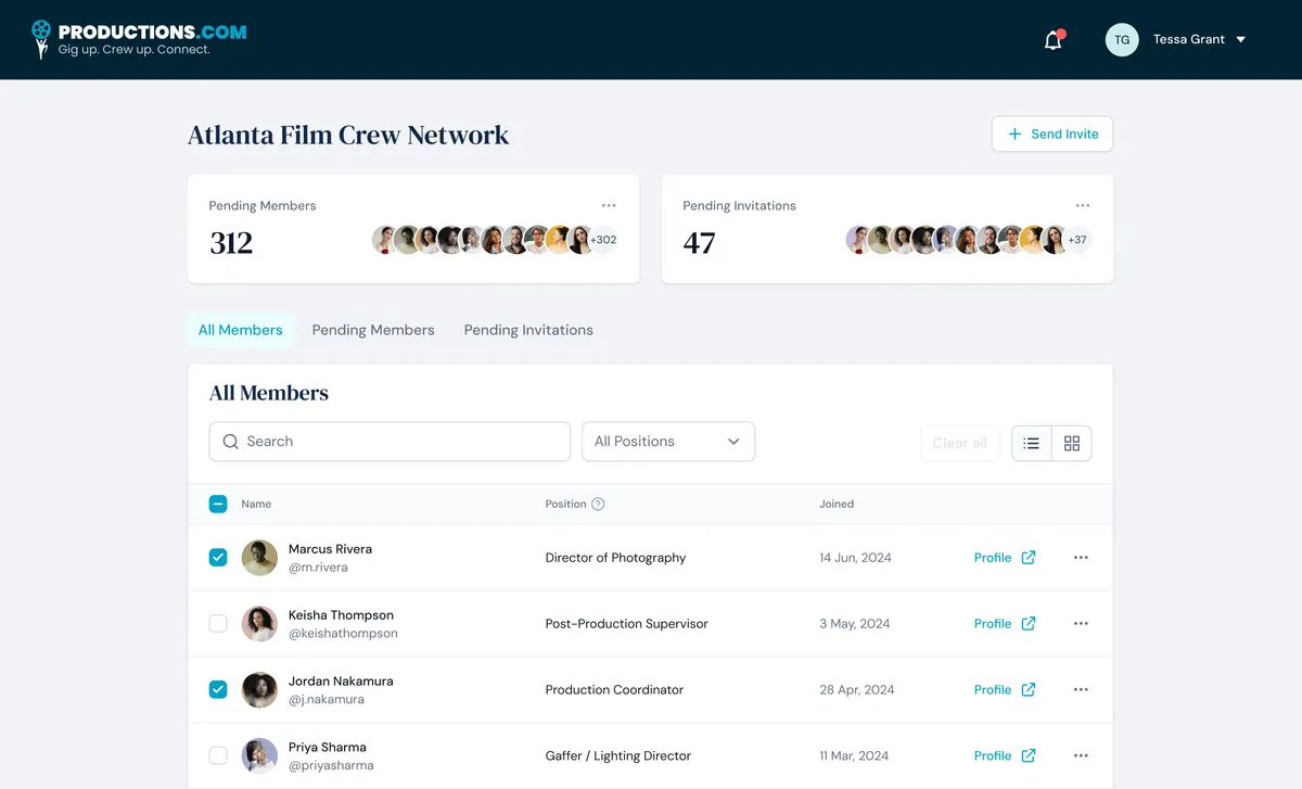 Productions.com crew community: pending members and invitations above a member list with positions.