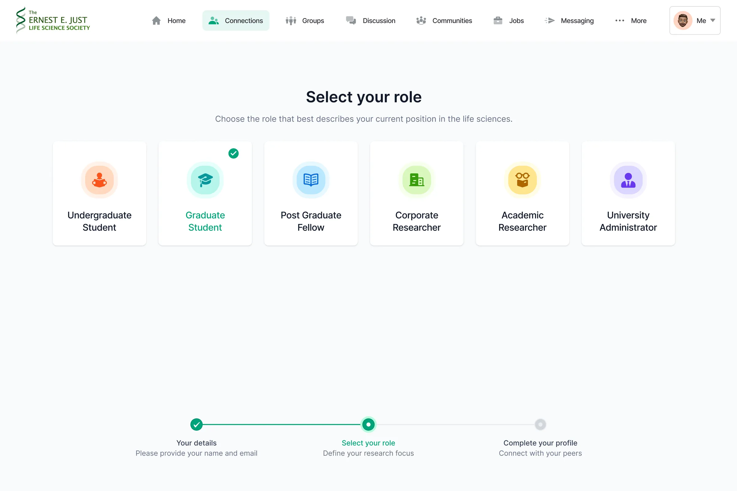 Ernest E. Just onboarding: six role cards from undergraduate student to university administrator, with a three-step progress bar.