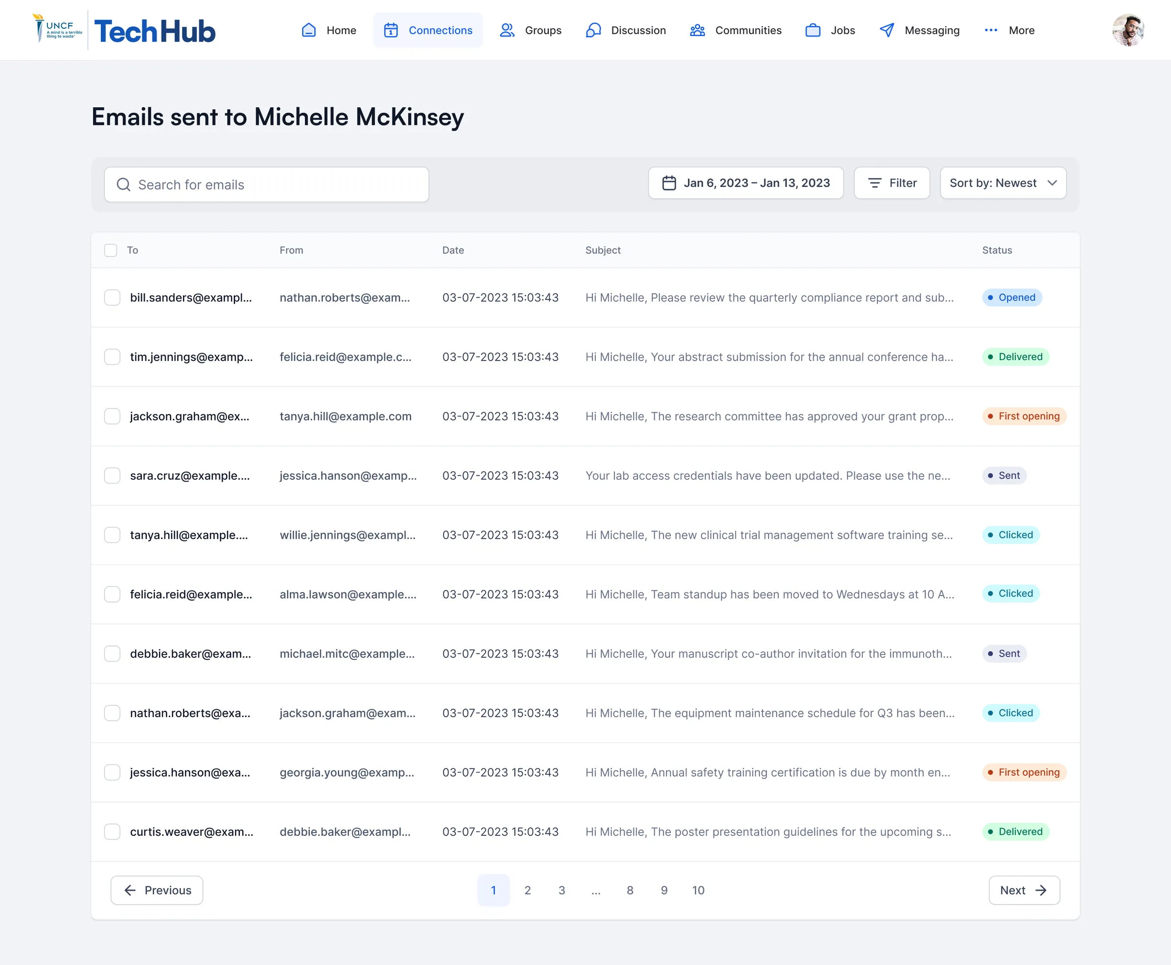 TechHub email log: messages sent to one member with date, subject and a delivery status for each.
